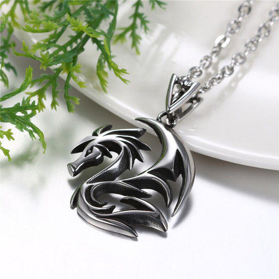 Classic Silver over No Tarnish Stainless Steel Tribal Dragon Mens Fashion Pendant