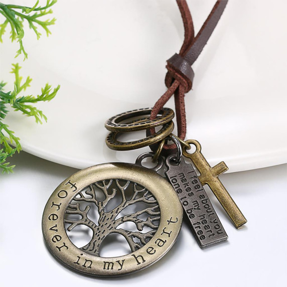 Masculine Rugged Look Tree Of Life Leather Cord High Fashion Pendant Chain Necklace