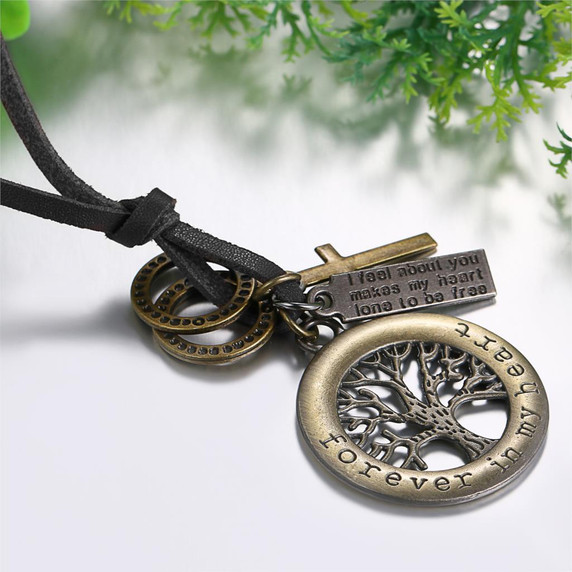 Masculine Rugged Look Tree Of Life Leather Cord High Fashion Pendant Chain Necklace