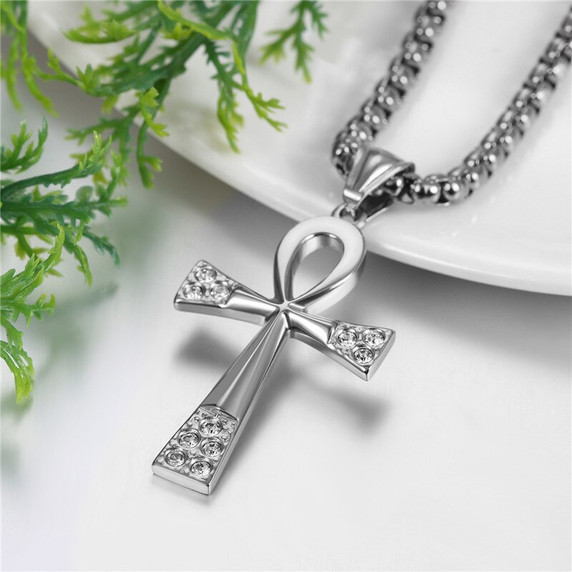 Top Quality Diamond Cz No Fade Stainless Steel Key Of Life Ancient African Ankh Cross Pendant