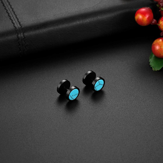 Fashion Stainless Steel No Fade Dumbbell Screw Back Turquoise Black Brown Earrings