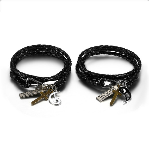 2 Piece Yin Yang Stainless Steel Leather Wrap Couples Lovers Bracelets