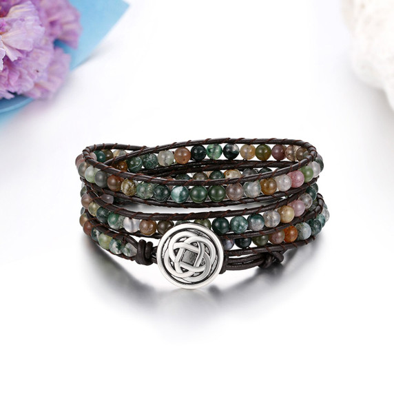 Beaded Wrap Infinity Circle Leather Cuff Charm Bracelet 