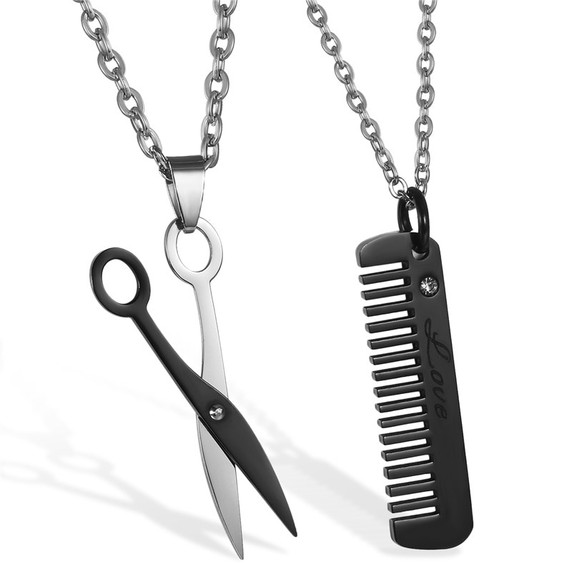 No Fade Stainless Steel Barber Shop Comb Clippers Pendant Chain Jewelry Set