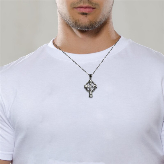 Mens Silver No Fade Stainless Steel Celtic Cross Pendant Chain Necklace