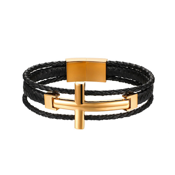 Mens Stainless Steel 14k Gold Silver No Fade Cross Leather Bracelets