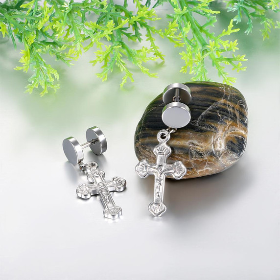 No Fade Stainless Steel Jesus Cross Crucifix Screw Back Earrings