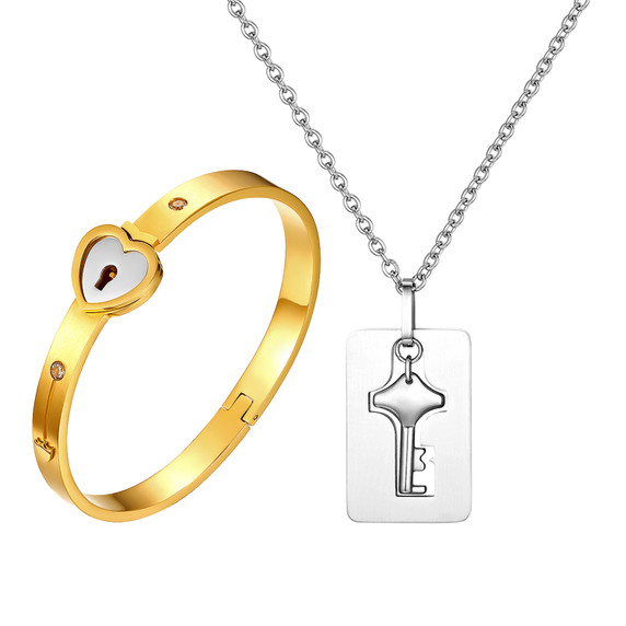 Forever Love Lovers Lock and Key Bracelet Necklace Chain Jewelry Set 