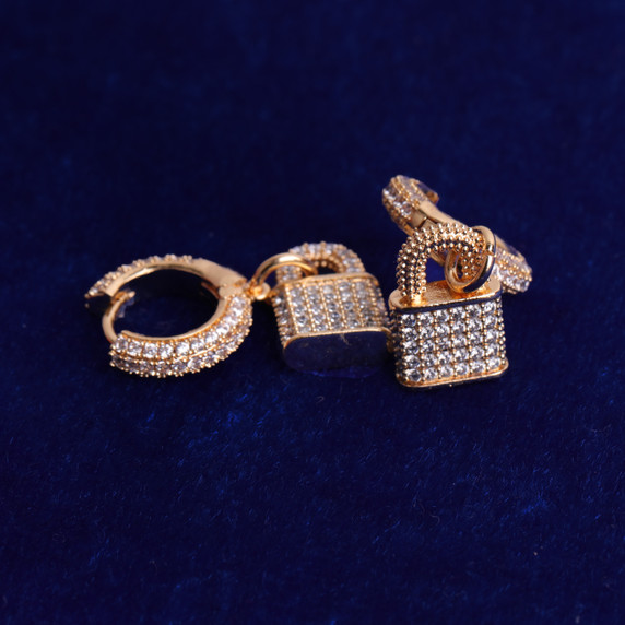 Rose Gold 925 Silver 24k Micro Pave Pad Lock Huggie Hip Hop Earrings