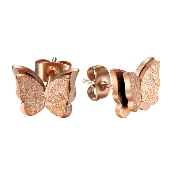 Ladies Womens Girls Gold Silver Rose Gold Frosted Butterfly Stainless Steel Earrings