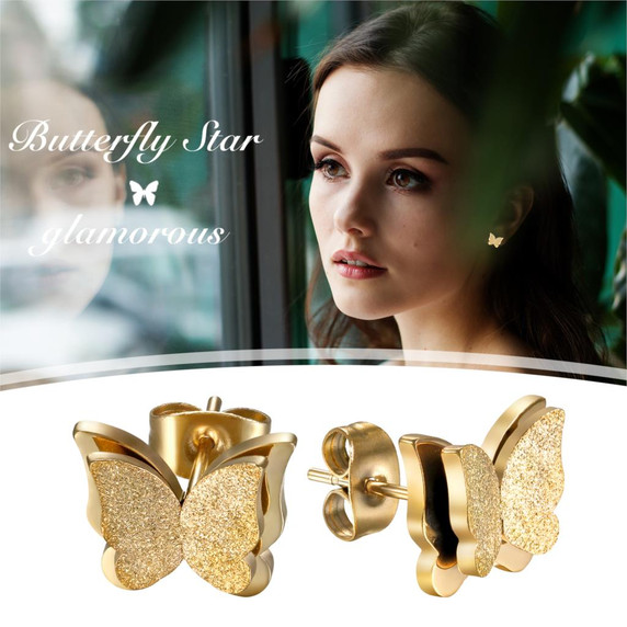 Ladies Womens Girls Gold Silver Rose Gold Frosted Butterfly Stainless Steel Earrings