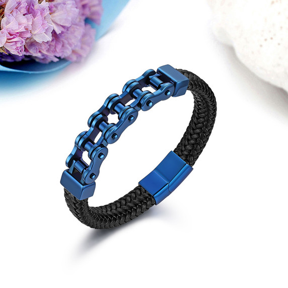 Mens 316L Stainless Steel No Tarnish Bicycle Chain Weave Rope Blue Silver Bracelets