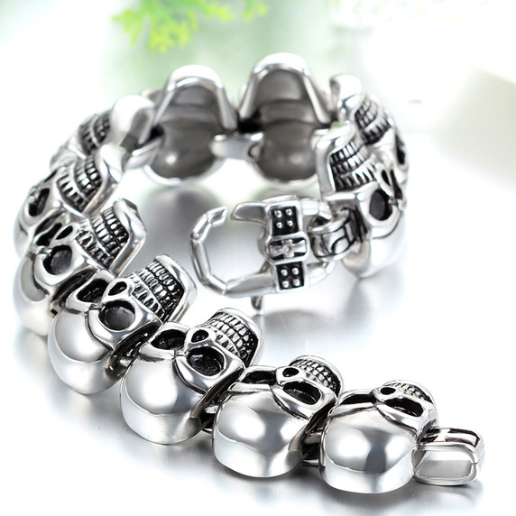 Mens No Fade Stainless Steel Street Wear Skull Head Link Bracelets 