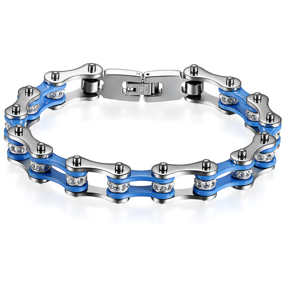 Mens No Fade Blue Silver Stainless Steel Biker Boys Hip Hop Motorcycle Chain Bracelets