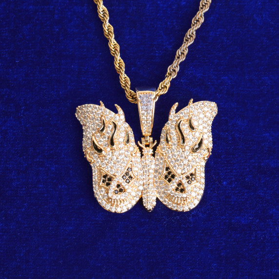 Ladies Anime Bling Bling 24k Gold Butterfly Hip Hop Pendant Chain Necklace