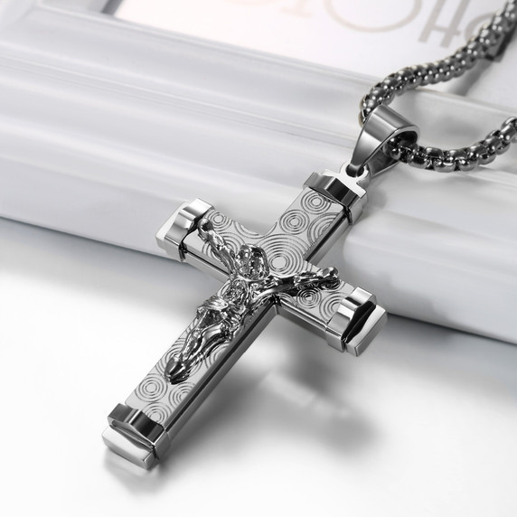 Mens No Fade 316L Stainless Steel Black Silver Gold Jesus Cross Pendant Chain Necklace