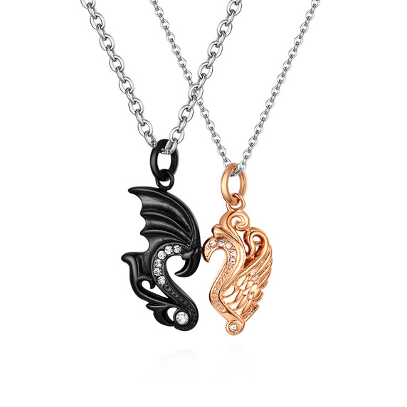 Couples Lovers Angel Pattern Gold Black No Fade Stainless Steel Pendant Necklace