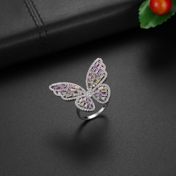 Ladies Platinum Cubic Zircon Sparkling Baguette Butterfly Rings