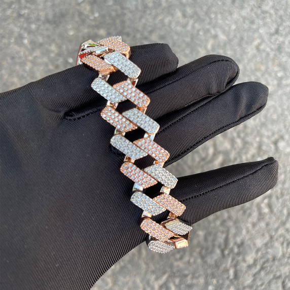 Mens Flooded Ice Wide Cut Two Tone Rose Gold Desiger Cuban Link Bracelet