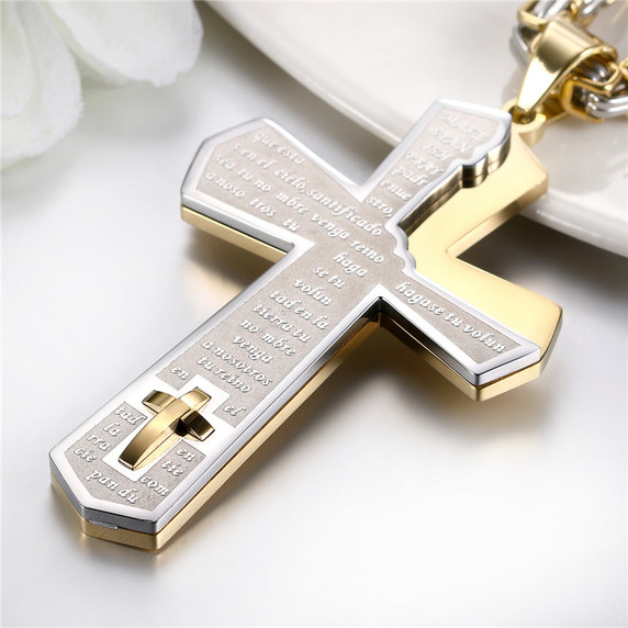 Mens Gold Black Silver No Fade Stainless Steel Spanish Prayer God Within Cross