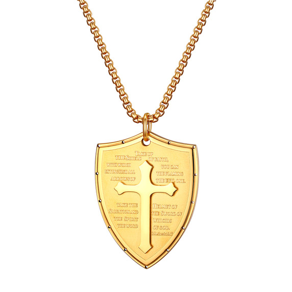 Mens No Fade Stainless Steel Armor Of God Shield Of Faith Pendant Chain Necklace