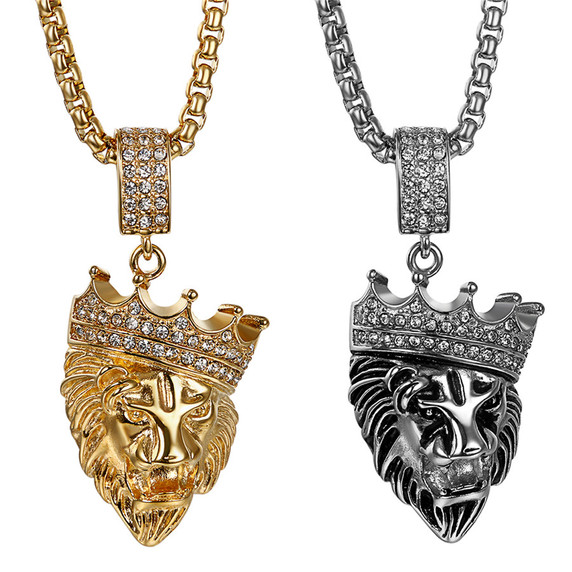 Mens Hip Hop No Fade Stainless Steel King Crown Lion Bling Pendant Chain Necklace