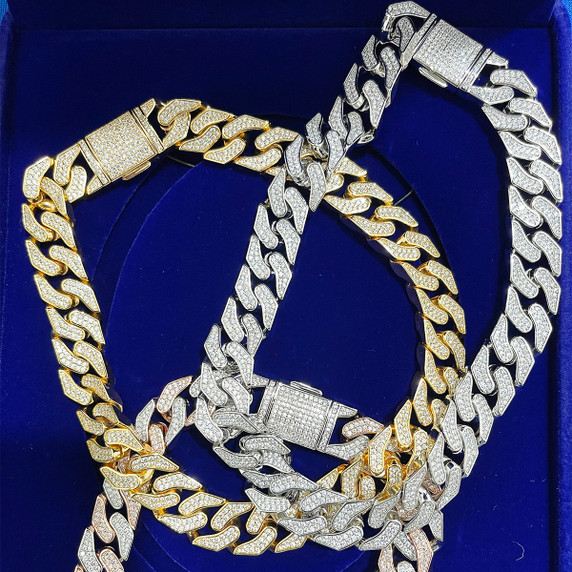 20mm 24k Gold Desiger Cut Hip Hop Gold Silver Rose Cuban Link Chain Necklace