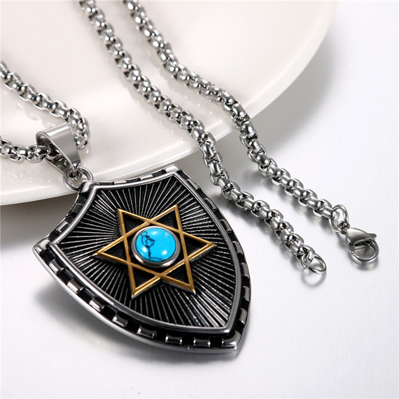 Mystical 6 Pointed Star Hexagram Crystal Shield Stainless Steel Pendant Chain Necklace