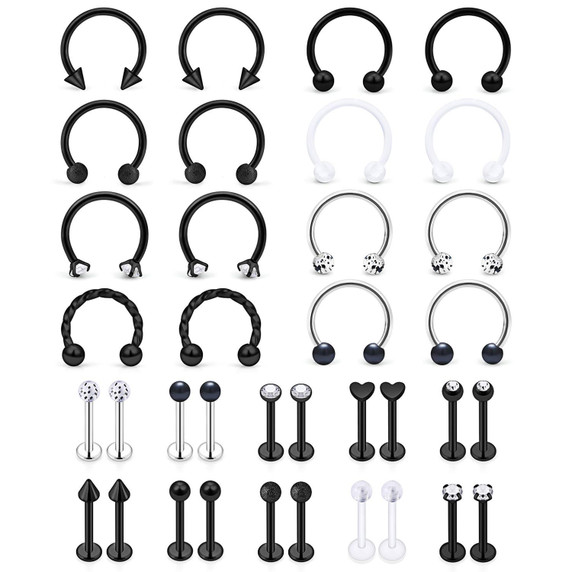 Mens Womens 36 Piece No Fade Stainless Steel Lip,Nose,Tragus Piercing Earrings Studs