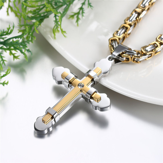 Mens Stainless Steel 14k Gold 3D Layered No Fade Stainless Steel Cross Pendant