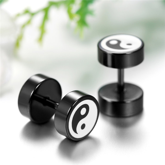 Stainless Steel Leaf Ying Yang Double Sided Screw Back Hip Hop Earrings