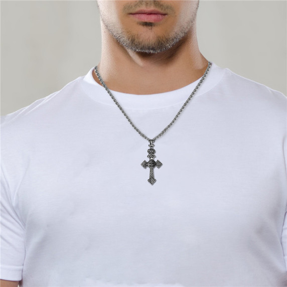 Kings Crown Lion Head No Fade Stainless Steel Cross Pendant Chain Necklace