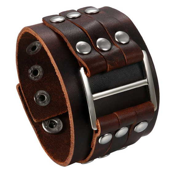 Mens Riveted Buckle Thick Pharaoh Style Leather Cuff Bracelets