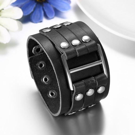 Mens Riveted Buckle Thick Pharaoh Style Leather Cuff Bracelets
