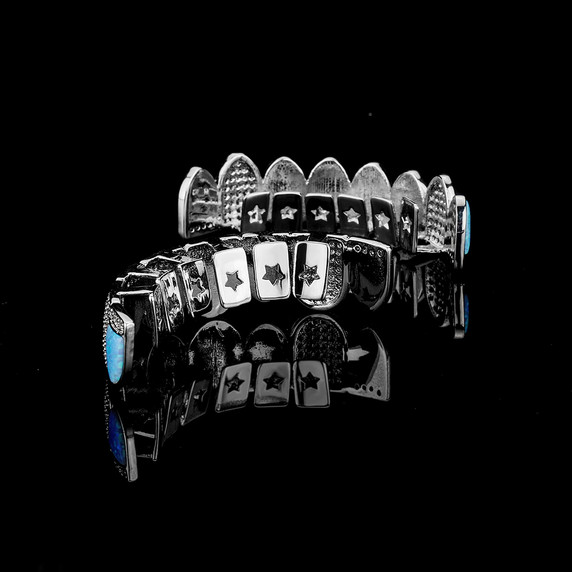 Hip Hop Iced Silver Top and Bottom Opal Ice Bling Teeth Grillz