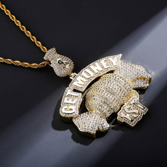 Mens Flooded Ice Get Money First Money Bag Hip Hop Pendant Chain Necklace