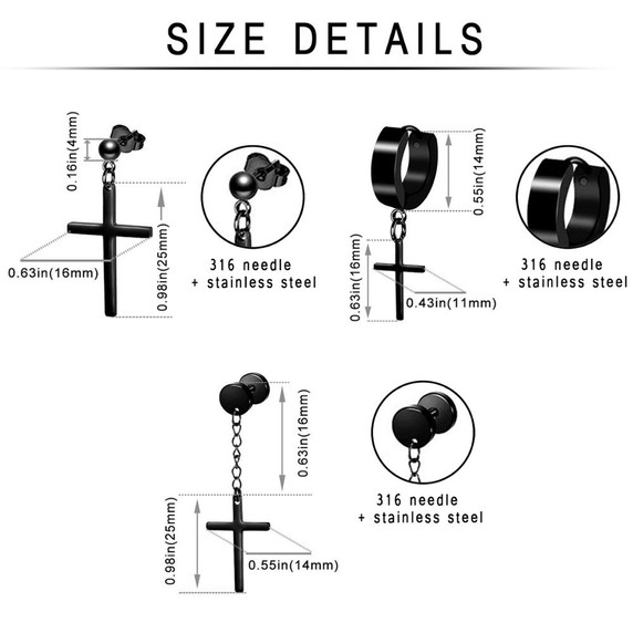 Black No Fade Stainless Steel 15 Pairs Stud Piercing Stud Hoop Dangling Earrings