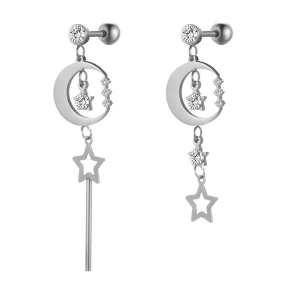 Stainless Steel Moon Star Dangling 14k Gold Silver Bling Earrings