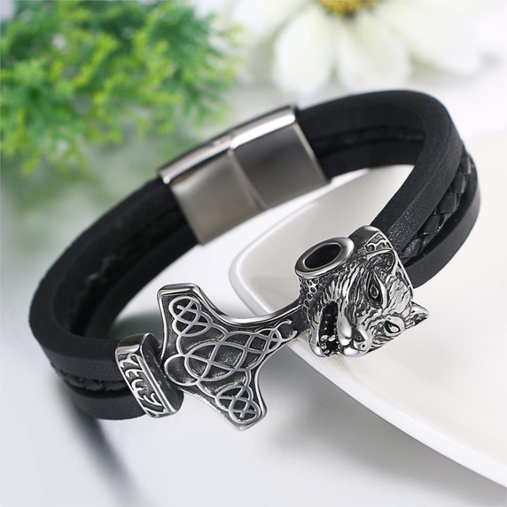 Mens Leather No Fade Stainless Steel Wolf Head Thors Hammer Bracelets