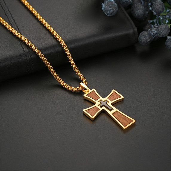 Mens Wooden Stainless Steel Double Cross Crucifix Black silver Gold Pendant Chain Necklace