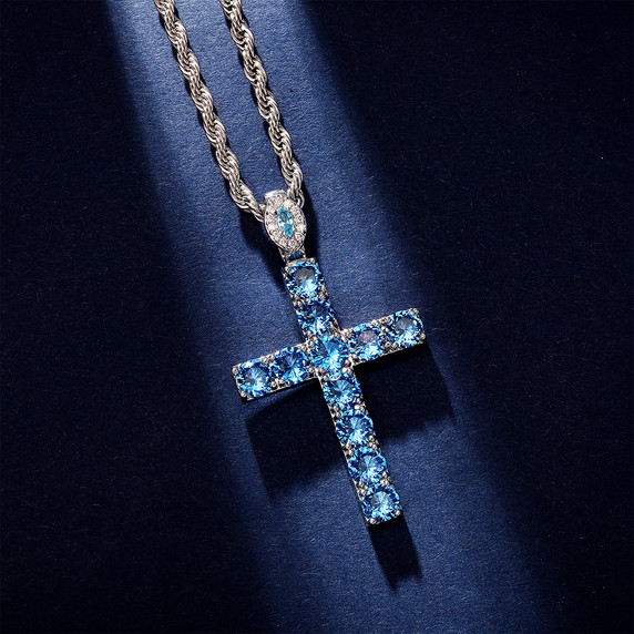Mens Blue Iced Rose Gold Silver Studded Hip Hop Cross Pendant Chain Necklace