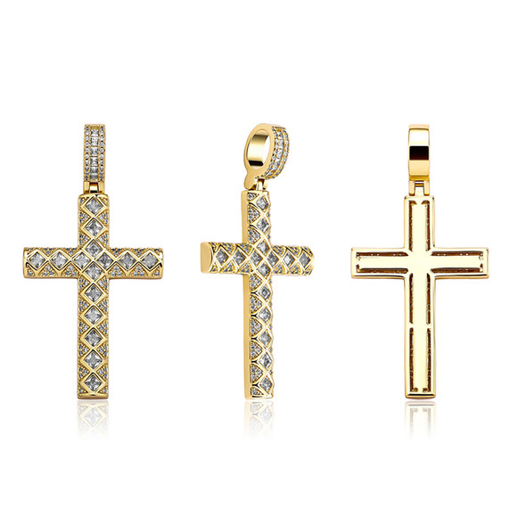 Mens Hip Hop Jagged Baguette 14k Gold 925 Silver Bling Cross pendant Chain Necklace