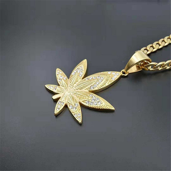 Hemp Weed Leaf No Fade Stainless Steel Gold Ice Pendant Chain Necklace