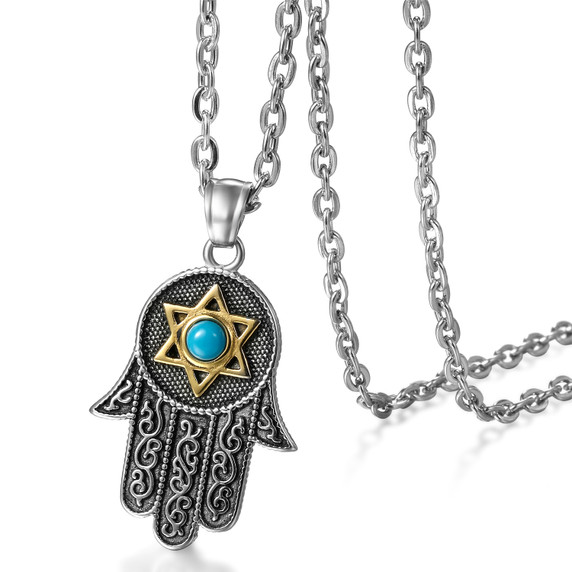 Mens No Fade Stainless Steel Star Hand Of Fatima Pendant Chain Necklace
