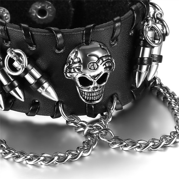 Mens Black Leather Bullet Skull Wide Cuff Street Wear Bracelet