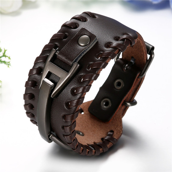 Mens Thick Pharaoh Style Genuine Leather Metal Clasp Classic Style Bracelet