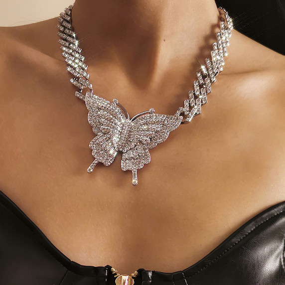 Ladies Iced Bling Butterfly Pendant Miami Cuban Link Chain Necklace