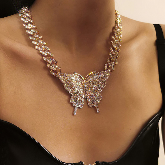 Ladies Iced Bling Butterfly Pendant Miami Cuban Link Chain Necklace