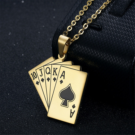 Card Hustler Poker Lucky Flush Gold Silver over No Fade Stainless Steel Pendant Chain