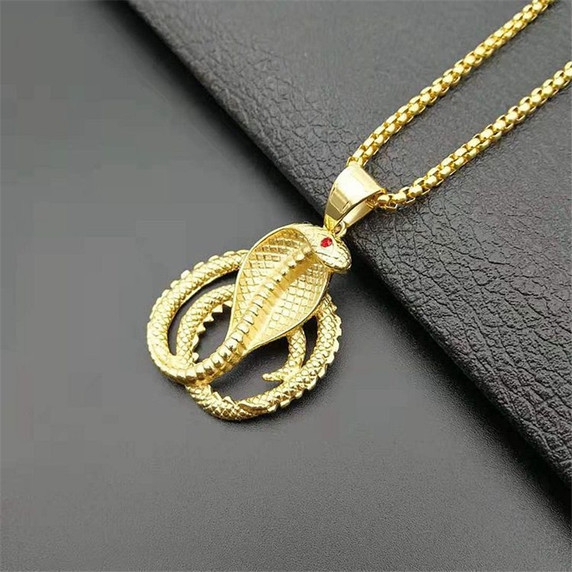 Coiled King Cobra Simulate Diamond 14k Gold over No Fade Stainless Steel Pendant Chain